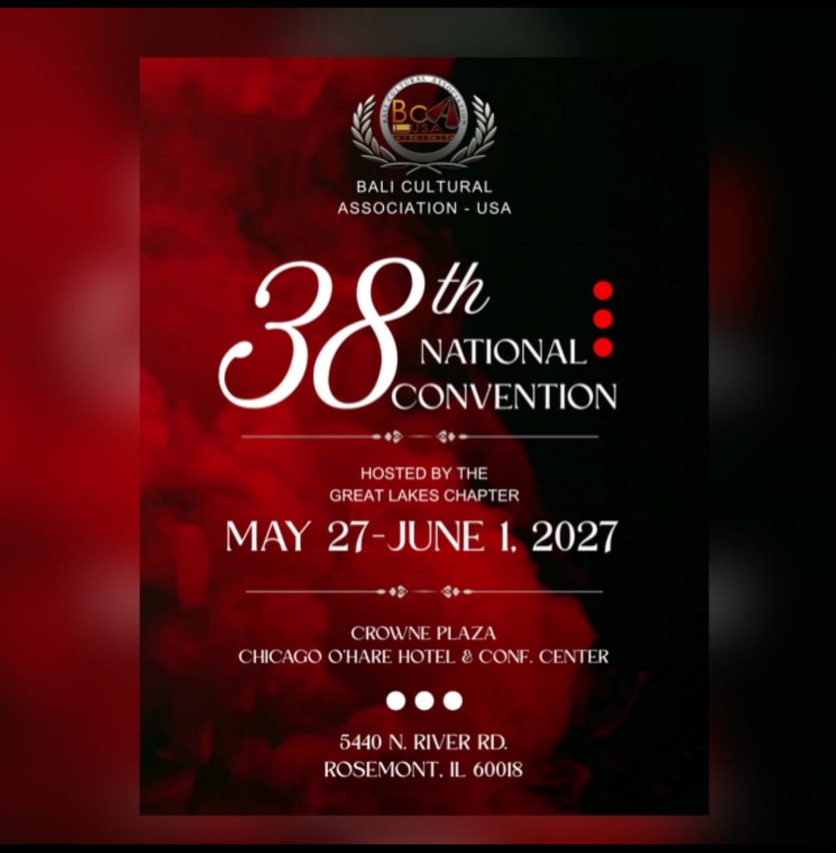 Flyer for the 38th BCA-USA Annual Convention, May 27 through June 1, 2027, in Rosemont, Illinois