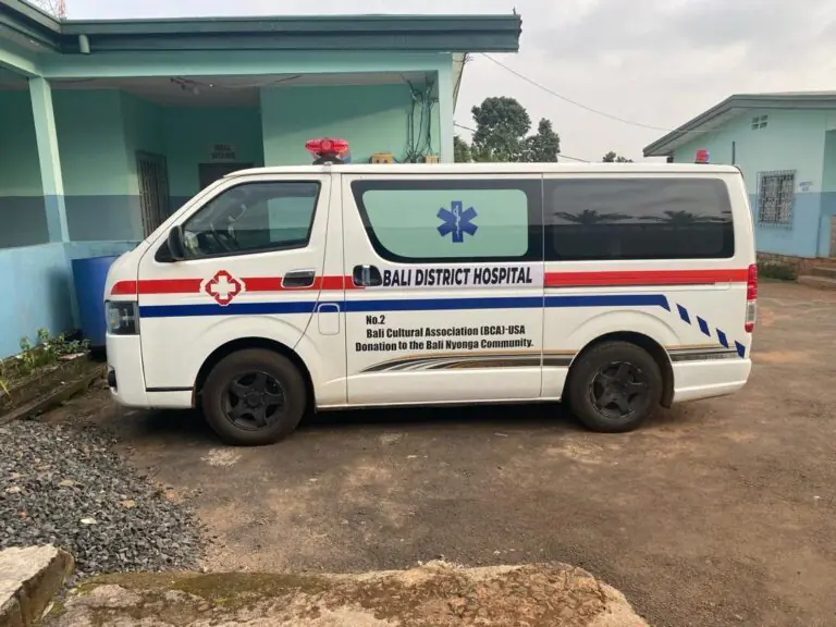 Side of ambulance No. 2, lettered Bali District Hospital and Bali Cultural Association (BCA)-USA Donation to the Bali Nyonga Community