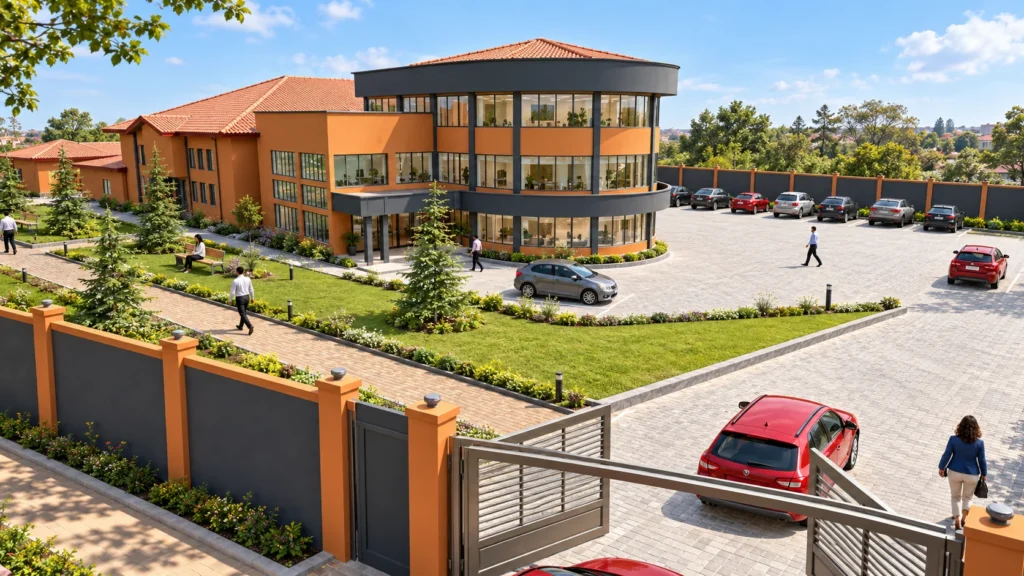 Artist's impression of the completed Multipurpose Center and its grounds