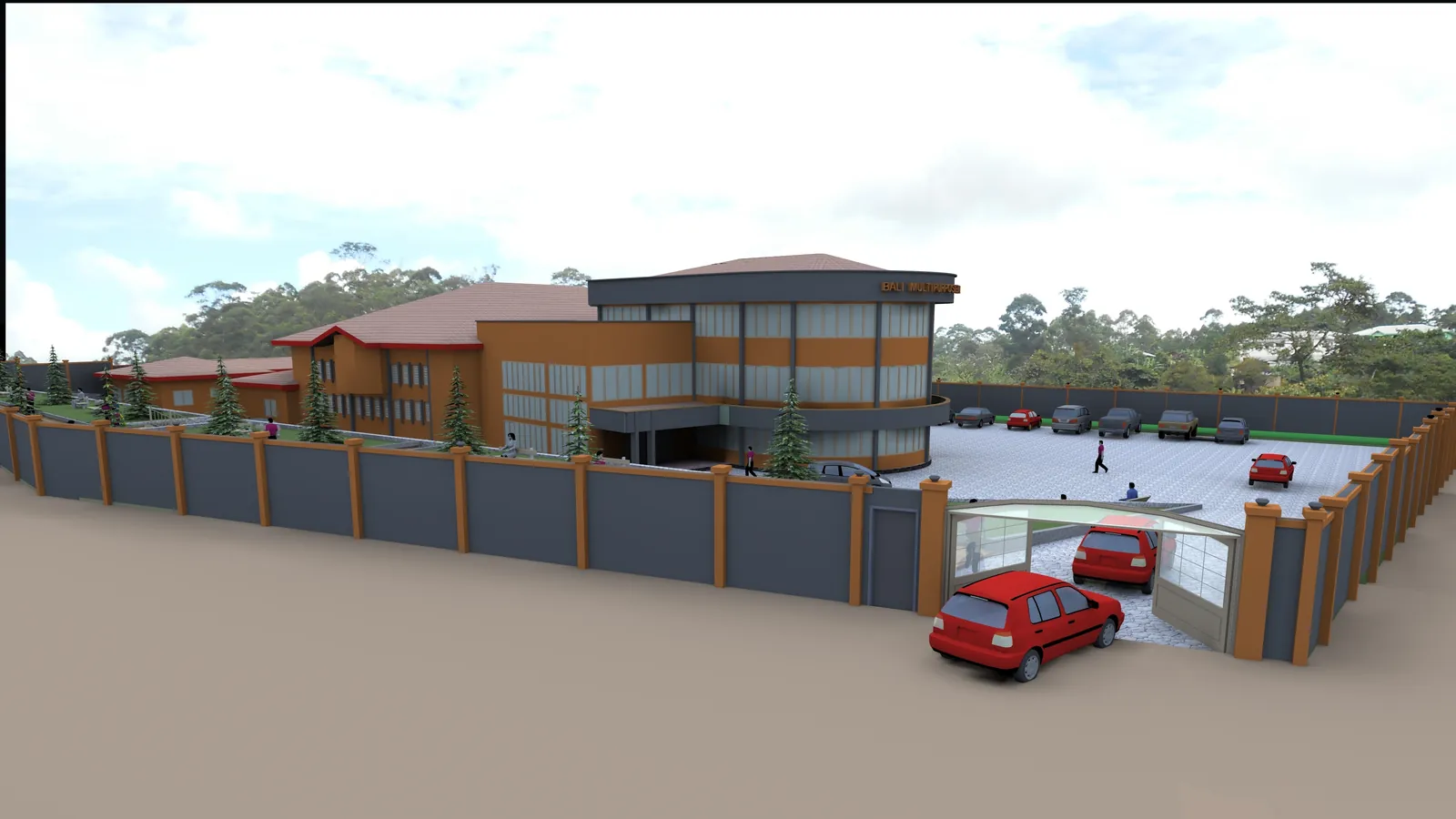 Design rendering of the Multipurpose Center seen from the front gate