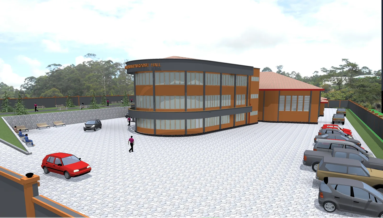 Design rendering of the Multipurpose Center courtyard and parking