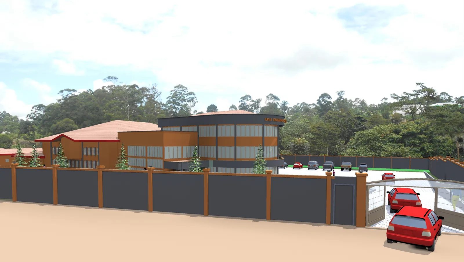 Design rendering of the Multipurpose Center seen from the road